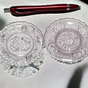 EAPG Mini Clear Glass Plates Westmoreland The Wedding Day & Hearts & Lyre 1930